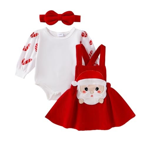 YINGISFITM Thanksgiving Halloween Christmas Baby Girl Outfit Bubble Romper+Turkey Ghost Santa Overalls Skirts Clothes Set (Red Christmas dress, 12-18 Months) - Image 1