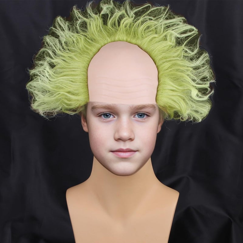 PATTNIUM Kids Green Wig with Bald Cap Child Short Ombre Green Wig Fluffy Wavy Wigs Cosplay Costume Halloween Wigs