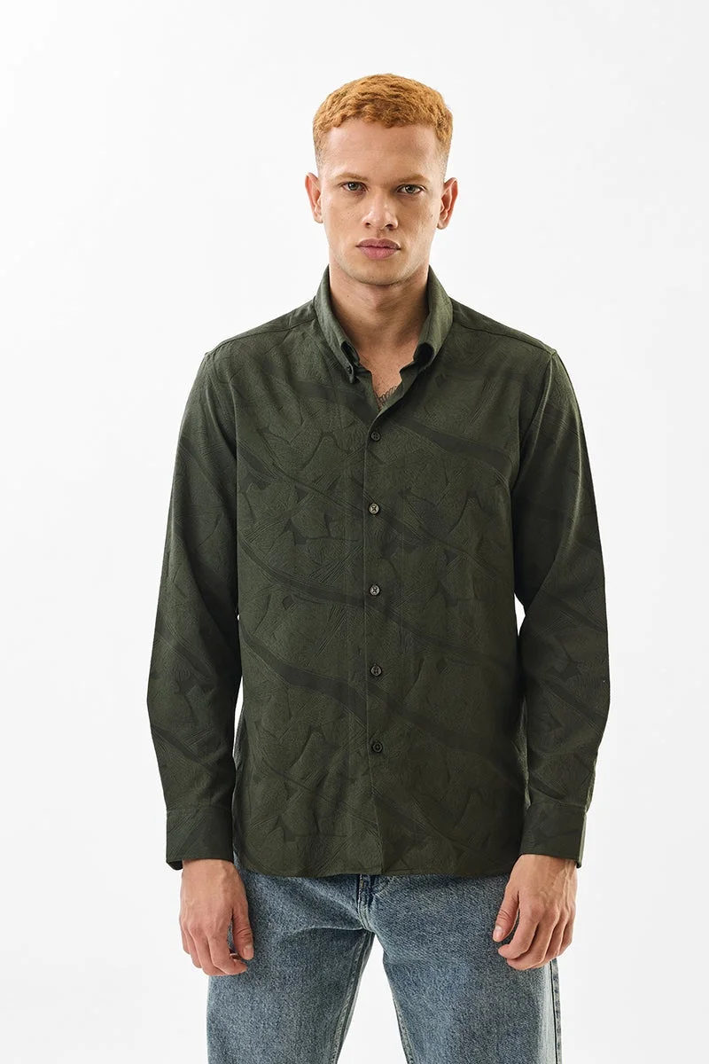 SNITCH Dark Green Textured Long Sleeve Slim Fit Formal Shirt