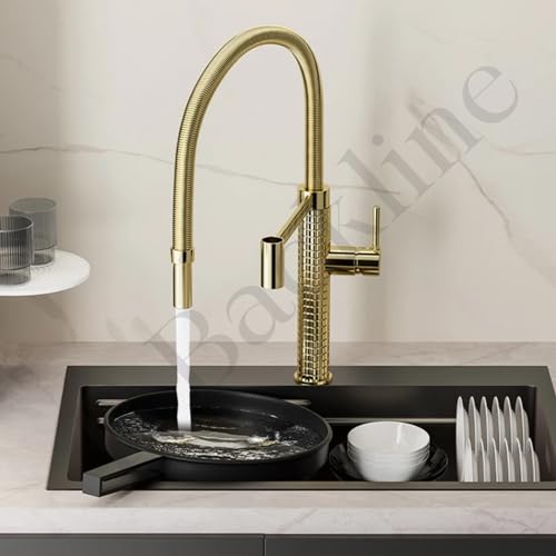B Backline Brass Mixer tap for Kitchen Sink/Pull Out Kitchen Faucet tap/Hot & Cold-Water Mixer/360° Rotatable Kitchen Sink tap Faucet/Table Mounted (Gold) - Image 2