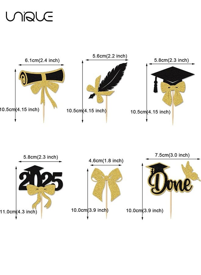 Unique 24 Pcs Class of 2025 Graduation Cupcake Toppers - Black Golden Glitter Double-Sided Grad Cap Cake Toppers for Graduation Party Supplies - 2025 Graduate Party Cake Picks Graduation Decorations  - Image 2