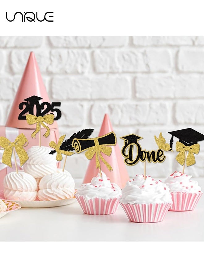 Unique 24 Pcs Class of 2025 Graduation Cupcake Toppers - Black Golden Glitter Double-Sided Grad Cap Cake Toppers for Graduation Party Supplies - 2025 Graduate Party Cake Picks Graduation Decorations  - Image 3