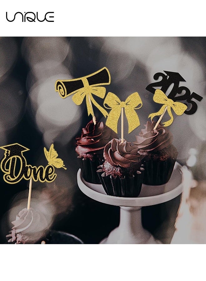 Unique 24 Pcs Class of 2025 Graduation Cupcake Toppers - Black Golden Glitter Double-Sided Grad Cap Cake Toppers for Graduation Party Supplies - 2025 Graduate Party Cake Picks Graduation Decorations  - Image 4