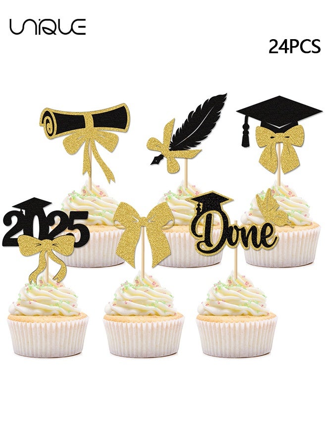 Unique 24 Pcs Class of 2025 Graduation Cupcake Toppers - Black Golden Glitter Double-Sided Grad Cap Cake Toppers for Graduation Party Supplies - 2025 Graduate Party Cake Picks Graduation Decorations  - Image 1