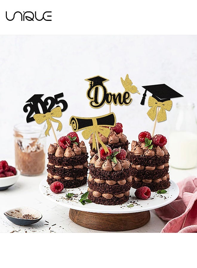 Unique 24 Pcs Class of 2025 Graduation Cupcake Toppers - Black Golden Glitter Double-Sided Grad Cap Cake Toppers for Graduation Party Supplies - 2025 Graduate Party Cake Picks Graduation Decorations  - Image 5