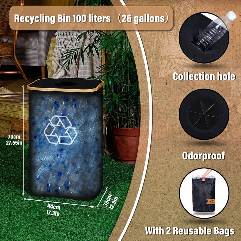 efluky Recycling Bin for Kitchen 26 Gallon, 100L Recycle Bin with 2 Removeable and Reusable Inner Bag, Large Recycling bin with lid for Bottle Can Plastice Stickers (Black) - Image 2
