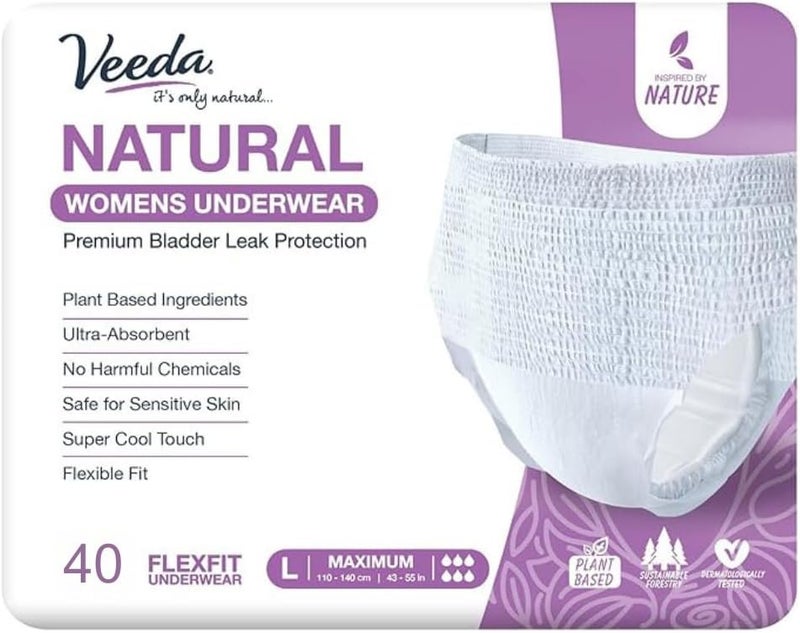 Veeda Natural Adult Incontinence Underwear for Women Postpartum Underwear for Bladder Leakage Protection Disposable Underwear with Maximum Absorbency Large Size 40 Count - Image 1