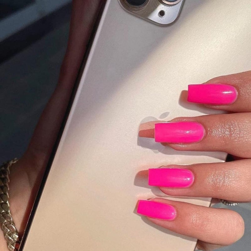 XCREANDO Hot Pink Press On Nails Medium Long Square, Xcreando Medium Coffin Nails Acrylic Press ons Glue on Nails Long Length, Solid Color Fake Nail for Women, Natural Thick Artificial Nail Stick on, Neon Pink - Image 2