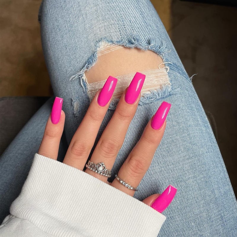 XCREANDO Hot Pink Press On Nails Medium Long Square, Xcreando Medium Coffin Nails Acrylic Press ons Glue on Nails Long Length, Solid Color Fake Nail for Women, Natural Thick Artificial Nail Stick on, Neon Pink - Image 1