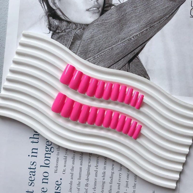 XCREANDO Hot Pink Press On Nails Medium Long Square, Xcreando Medium Coffin Nails Acrylic Press ons Glue on Nails Long Length, Solid Color Fake Nail for Women, Natural Thick Artificial Nail Stick on, Neon Pink - Image 3