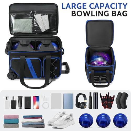 BOSSTIN 3 Ball Bowling Bag with Wheels, 2 Ball Bowling Bags Double roller with 1 Ball Add On Bag, Multi-Pockets & Shoe Compartment (Fits Up to Size 15), Blue - Image 4