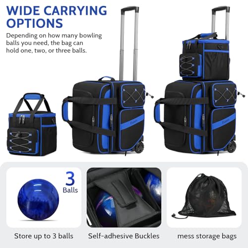 BOSSTIN 3 Ball Bowling Bag with Wheels, 2 Ball Bowling Bags Double roller with 1 Ball Add On Bag, Multi-Pockets & Shoe Compartment (Fits Up to Size 15), Blue - Image 2