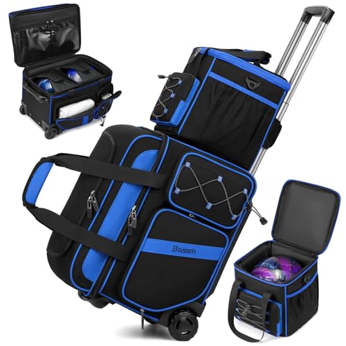 BOSSTIN 3 Ball Bowling Bag with Wheels, 2 Ball Bowling Bags Double roller with 1 Ball Add On Bag, Multi-Pockets & Shoe Compartment (Fits Up to Size 15), Blue - Image 1