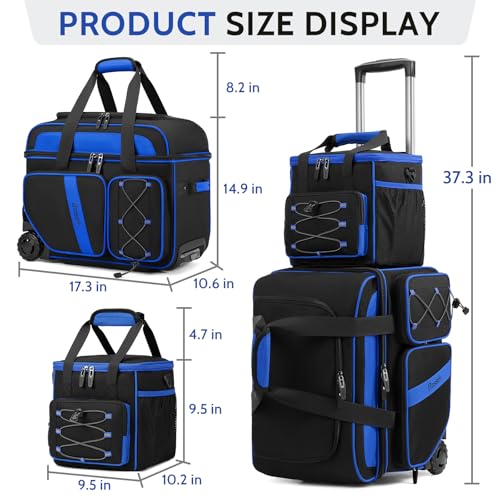 BOSSTIN 3 Ball Bowling Bag with Wheels, 2 Ball Bowling Bags Double roller with 1 Ball Add On Bag, Multi-Pockets & Shoe Compartment (Fits Up to Size 15), Blue - Image 5