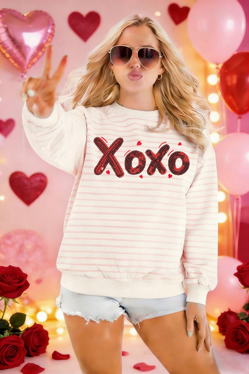FASHGL Valentines Sweatshirt Women Love Heart Print Shirt Valentine Sweater Casual Striped Pullover Blouse Long Sleeve Top Pink - Image 4
