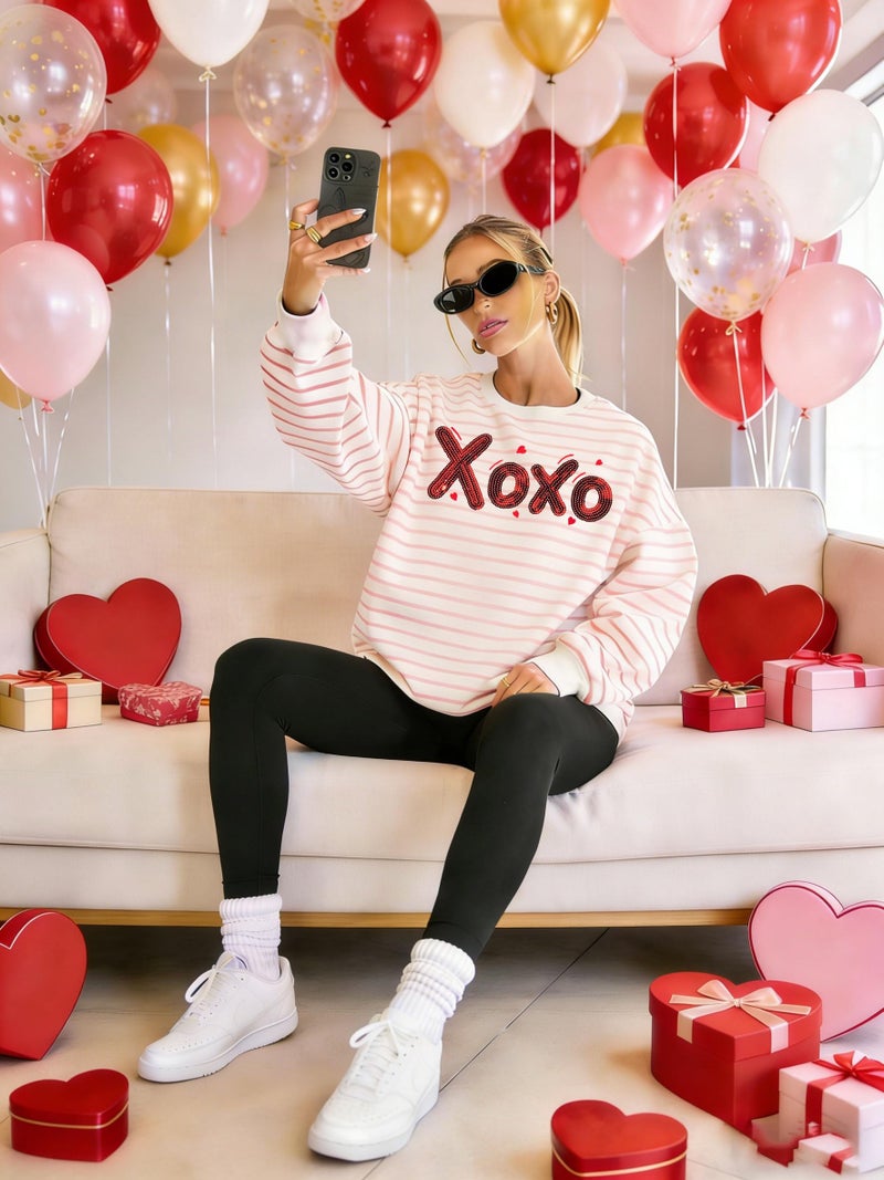 FASHGL Valentines Sweatshirt Women Love Heart Print Shirt Valentine Sweater Casual Striped Pullover Blouse Long Sleeve Top Pink - Image 5