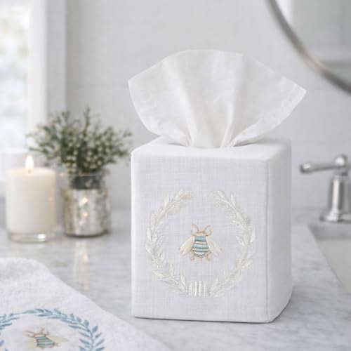 Jacaranda Living Square Tissue Box Cover, Linen/Cotton Fabric Tissue Holder, Decorative Cloth Tissue Cube Cover, Embroidered Bee Designs, Napoleon Bee Wreath (Cream) - Image 2