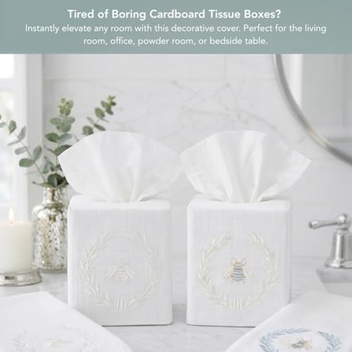 Jacaranda Living Square Tissue Box Cover, Linen/Cotton Fabric Tissue Holder, Decorative Cloth Tissue Cube Cover, Embroidered Bee Designs, Napoleon Bee Wreath (Cream) - Image 3