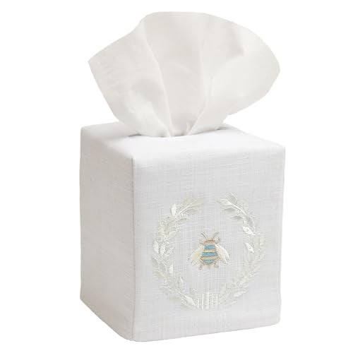 Jacaranda Living Square Tissue Box Cover, Linen/Cotton Fabric Tissue Holder, Decorative Cloth Tissue Cube Cover, Embroidered Bee Designs, Napoleon Bee Wreath (Cream) - Image 1