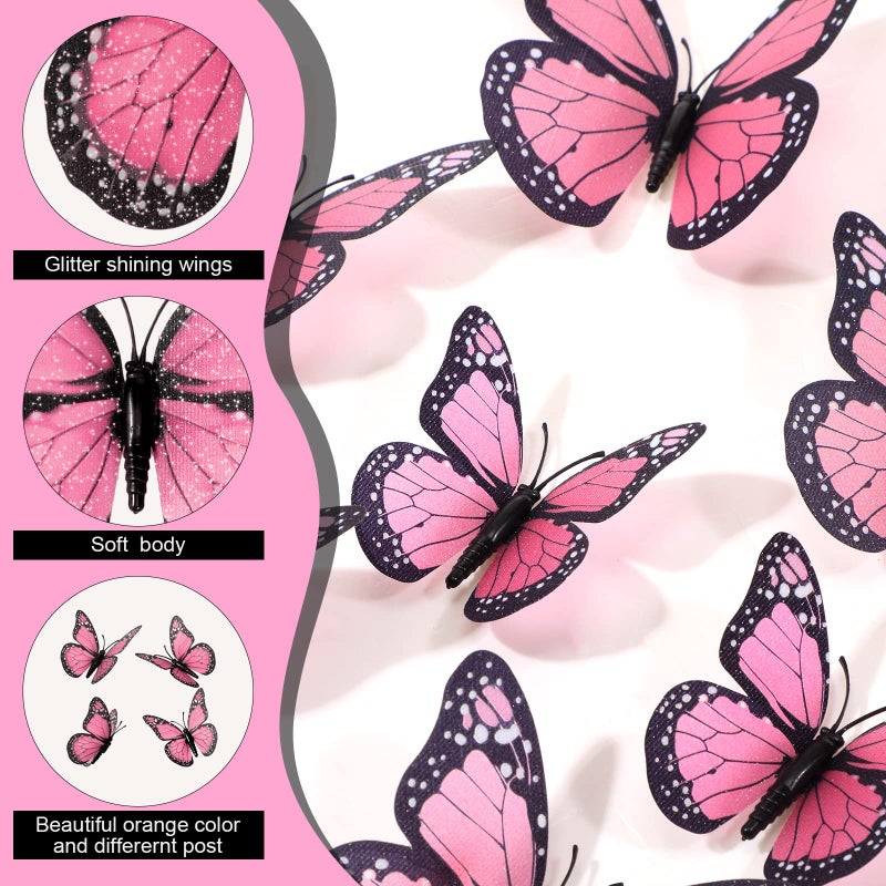 Chuangdi Monarch Butterfly Decoration 3 Size Fake Butterflies Realistic Butterfly Crafts Artificial Butterfly Wall Decor for Classroom Home Bedroom Birthday Party Decorations(Pink  48 Pack) - Image 3