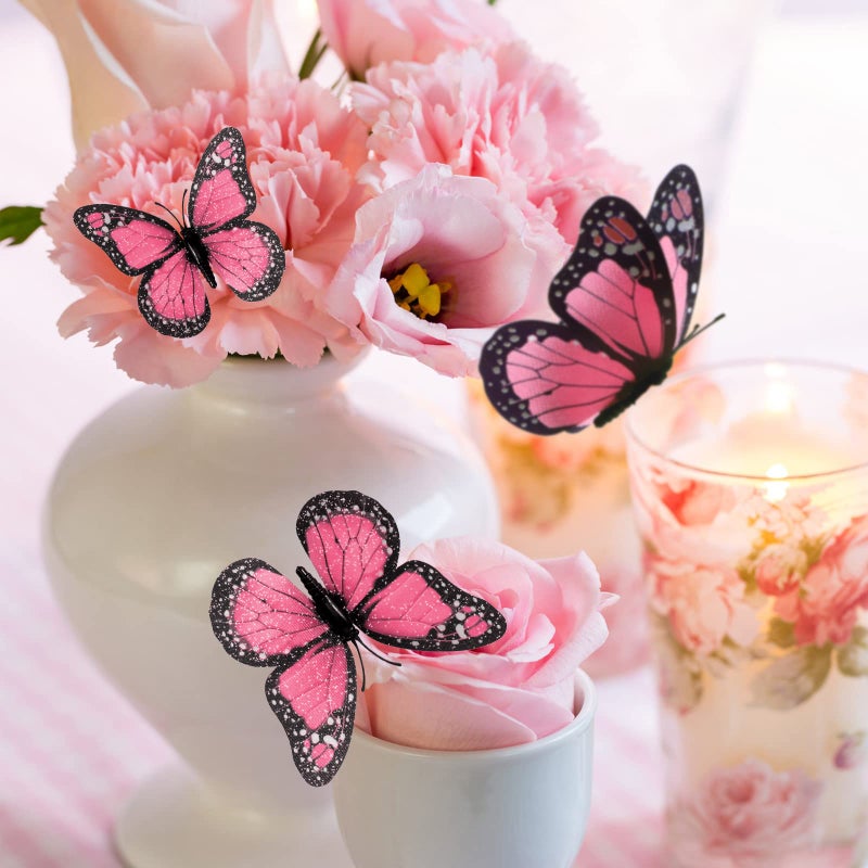 Chuangdi Monarch Butterfly Decoration 3 Size Fake Butterflies Realistic Butterfly Crafts Artificial Butterfly Wall Decor for Classroom Home Bedroom Birthday Party Decorations(Pink  48 Pack) - Image 5