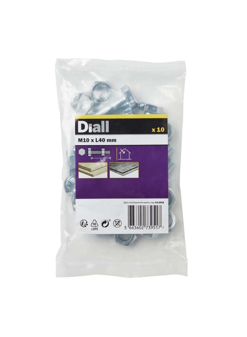 ACE M10 Hex Carbon Steel Bolt And Nut 40 Mm 10 Piece