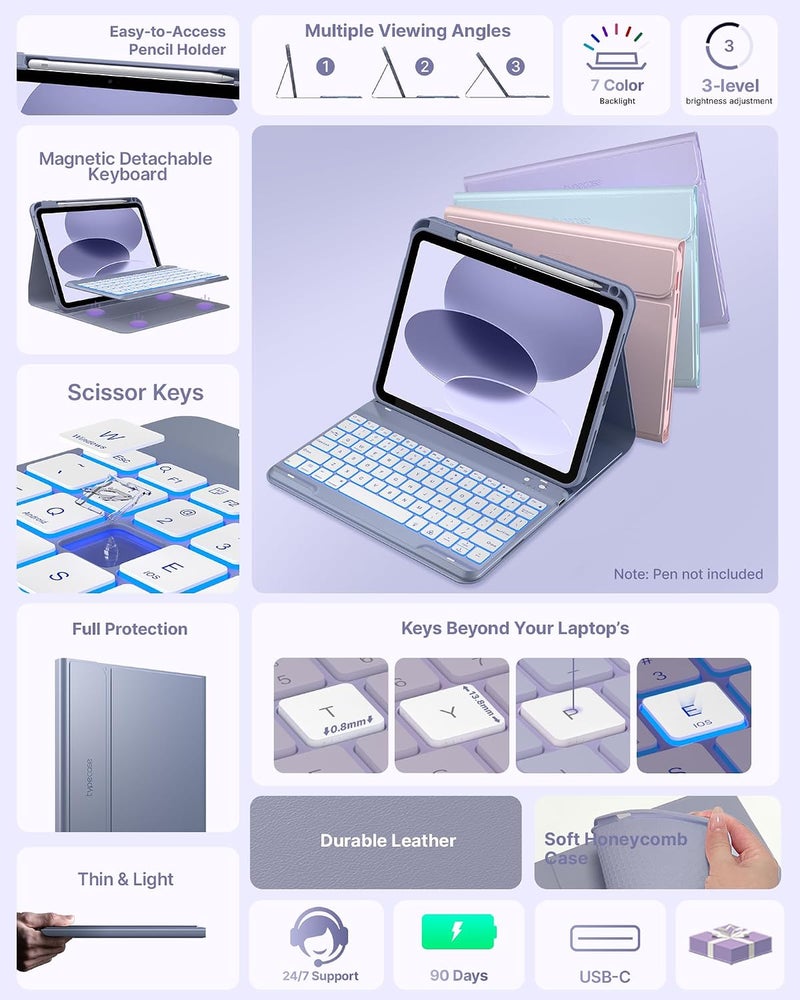 typecase غلاف لوحة مفاتيح تيبكيس فوليو لآيباد الجيل العاشر 10.9 بوصة (2022) وآيباد الجيل الحادي عشر (A16، 2025)، لوحة مفاتيح مغناطيسية لاسلكية قابلة للفصل، إضاءة خلفية بسبعة ألوان، رفيع وخفيف، حامل قلم – اللافندر - Image 3