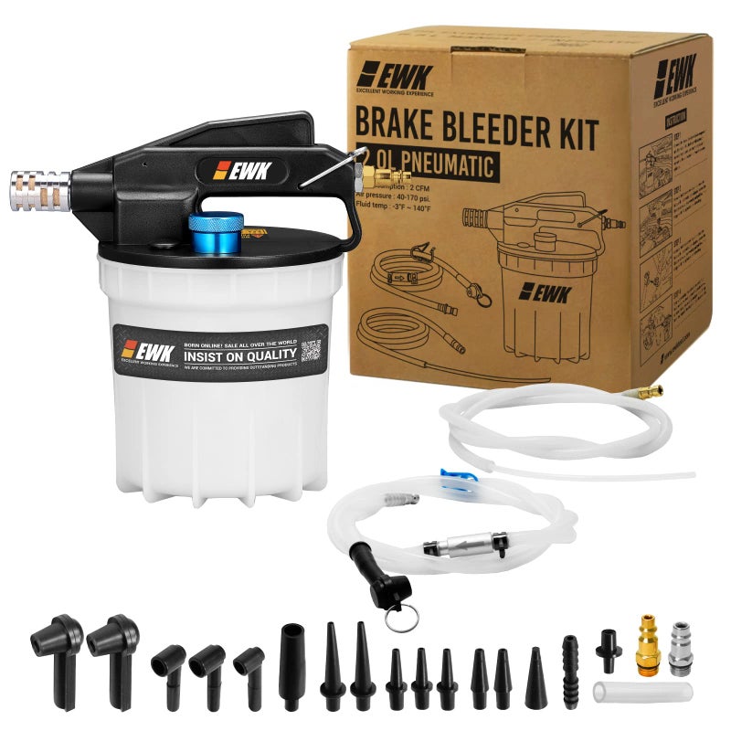EWK 22Piece Pneumatic Brake Fluid Bleeder Kit 2L Vacuum Pump with 17 Adapters 2 Hoses OnePerson Brake Clutch Fluid Flush Tool for Cars Motorcycles Trucks ABS Systems