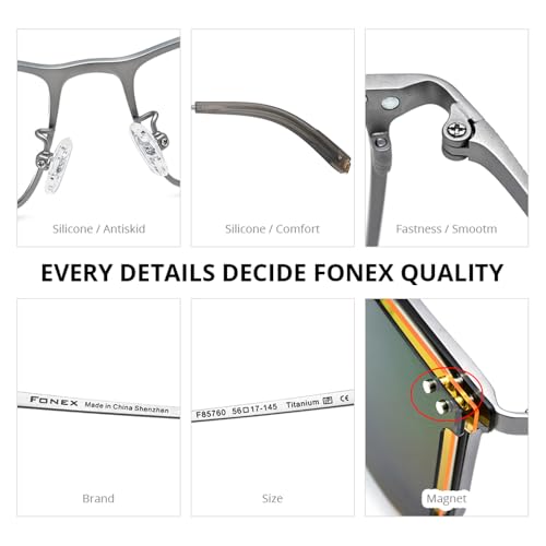 FONEX Pure Titanium Glasses Frame Men Square Magnet Clip On Eyeglasses with Polarized Lens (F85760_Gray) - Image 4