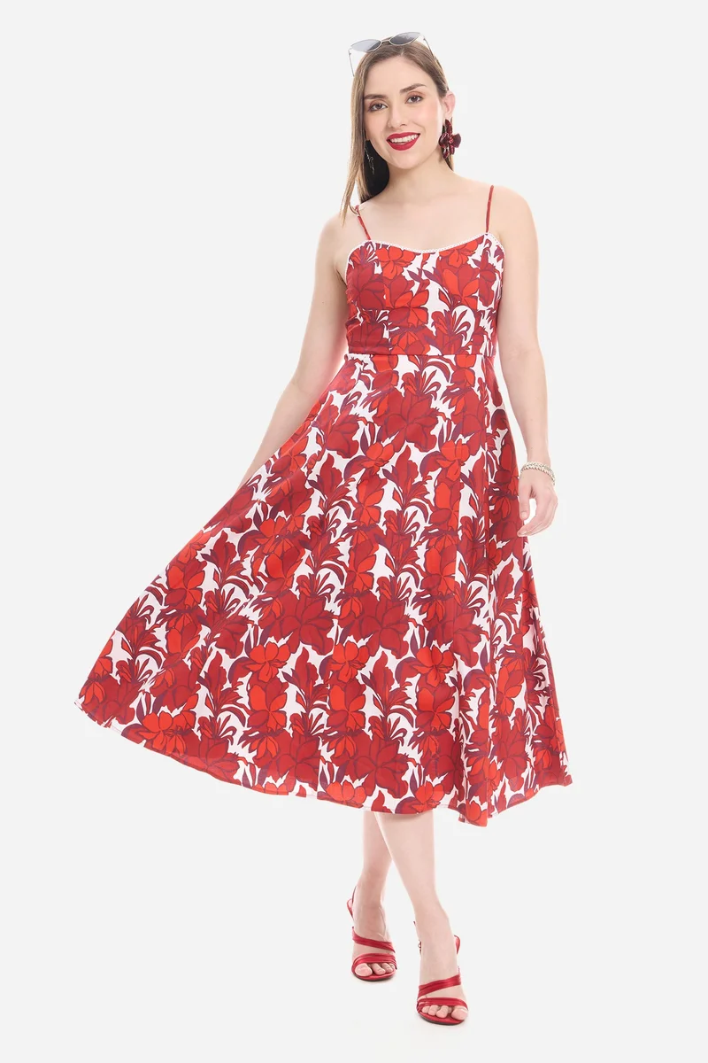 Virgio All Over Print Cotton Sweetheart Lace Midi Dress for Women