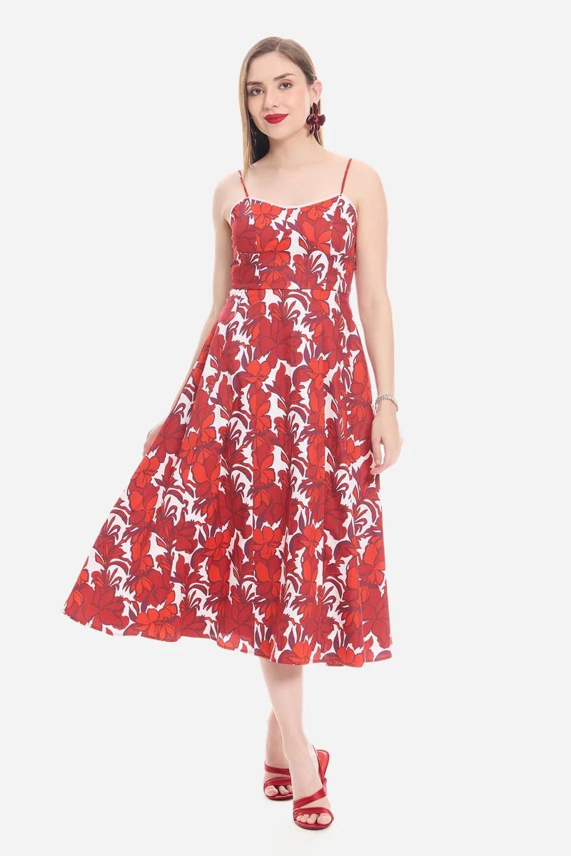 Virgio All Over Print Cotton Sweetheart Lace Midi Dress for Women