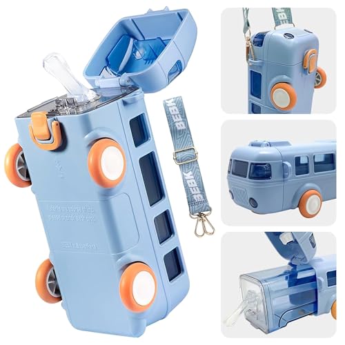 PLUSPOINT Bus Shape Water Bottle for Kids Detachable Straw with Shoulder Strap Leak-Proof Cartoon Water Bottle with Wheels (Color-Blue), Silicone, 500 ML - Image 1