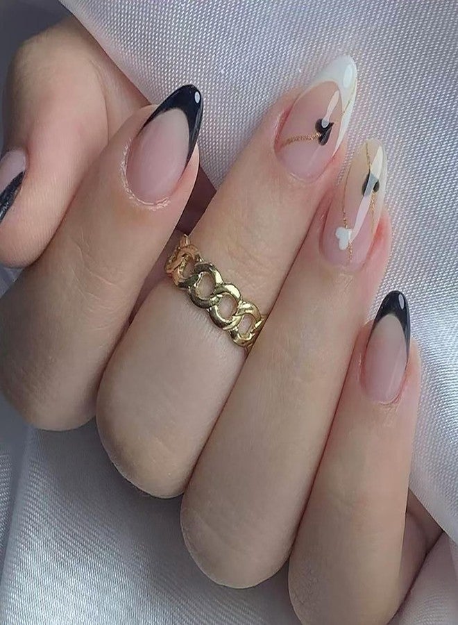 أظافر صناعية قصيرة على شكل لوزة بتصميم عيد الحب، أظافر صناعية فرنسية الأطراف، أظافر صناعية سوداء وبيضاء بتصميمات قلوب ذهبية لامعة، أظافر أكريليك لاصقة للنساء والفتيات، 24 قطعة - Image 1