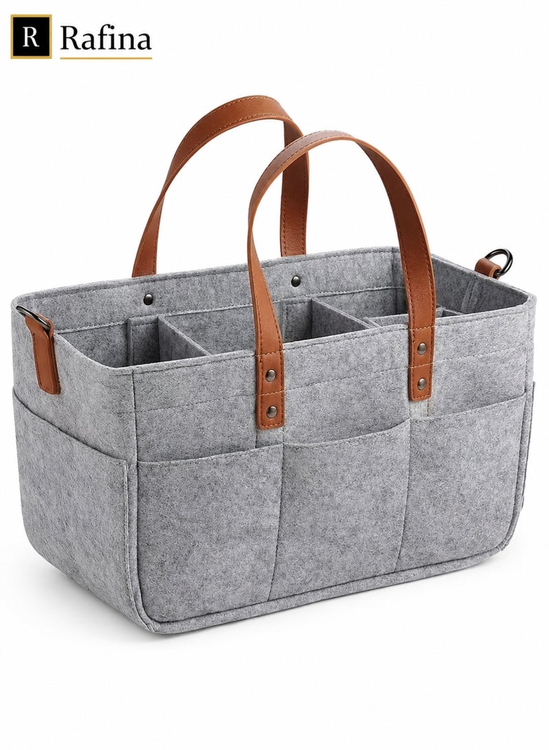 Rafina Large Felt Baby Diaper Caddy Organizer with Multiple Compartments, Outer Pockets and Carry Handles, Grey, 38 x 25 x 18 cm - Image 1