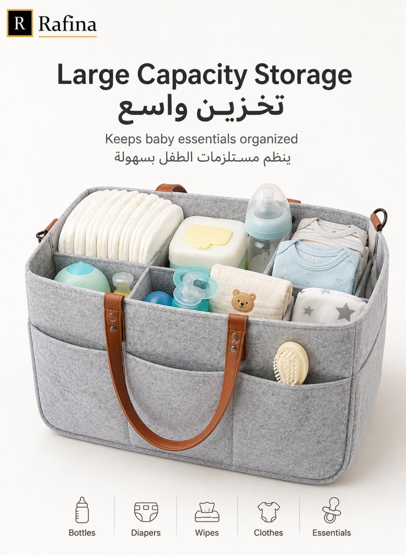 Rafina Large Felt Baby Diaper Caddy Organizer with Multiple Compartments, Outer Pockets and Carry Handles, Grey, 38 x 25 x 18 cm - Image 3