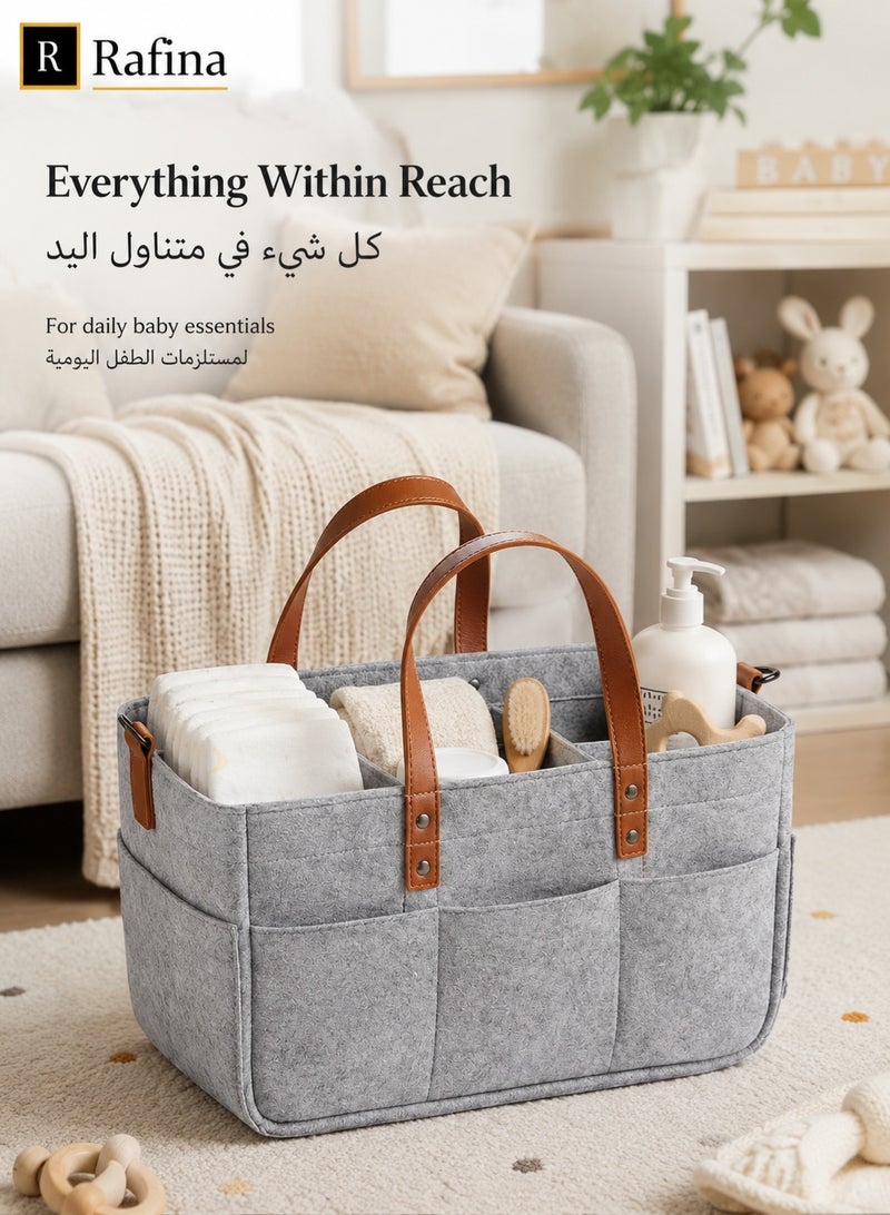 Rafina Large Felt Baby Diaper Caddy Organizer with Multiple Compartments, Outer Pockets and Carry Handles, Grey, 38 x 25 x 18 cm - Image 5