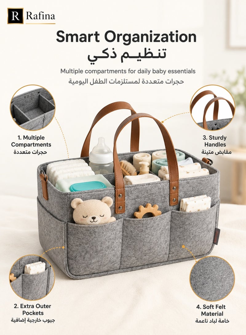 Rafina Large Felt Baby Diaper Caddy Organizer with Multiple Compartments, Outer Pockets and Carry Handles, Grey, 38 x 25 x 18 cm - Image 4