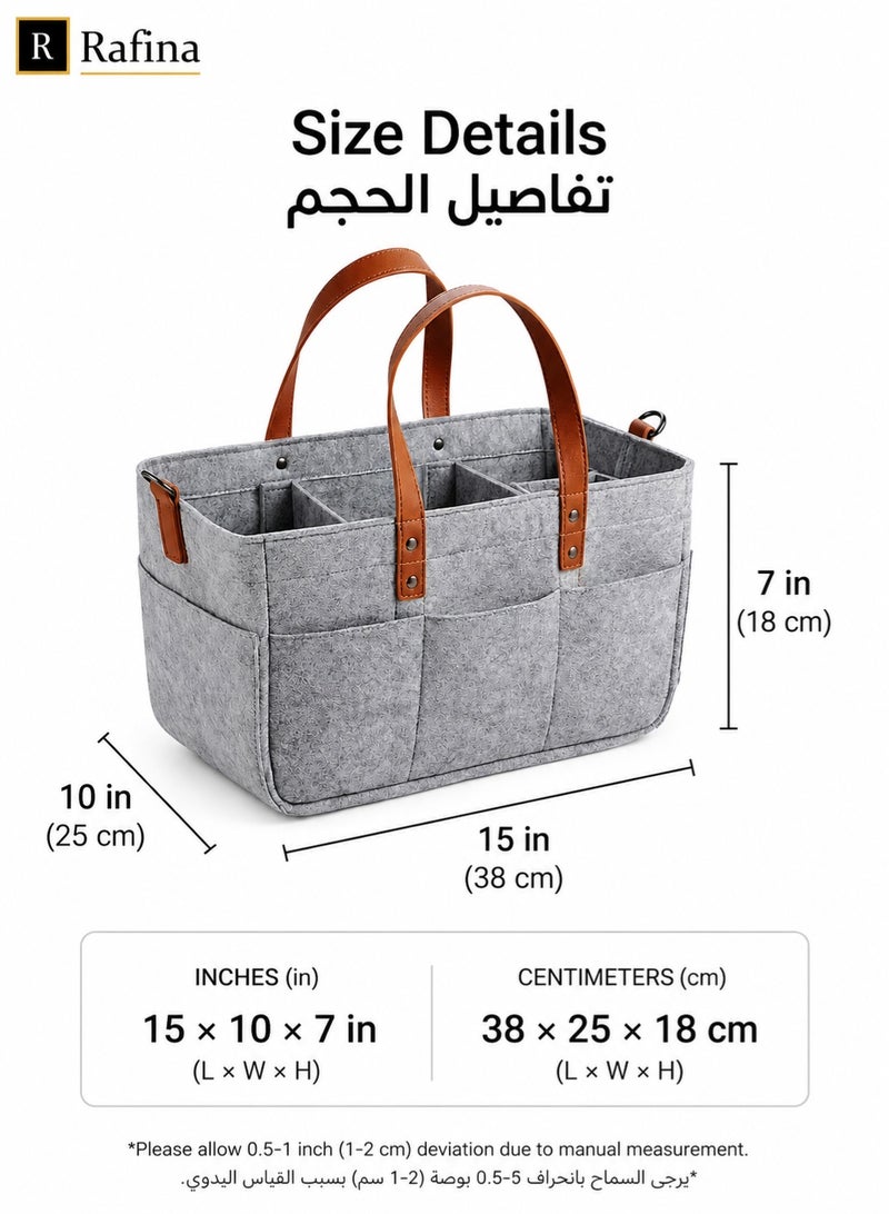 Rafina Large Felt Baby Diaper Caddy Organizer with Multiple Compartments, Outer Pockets and Carry Handles, Grey, 38 x 25 x 18 cm - Image 2