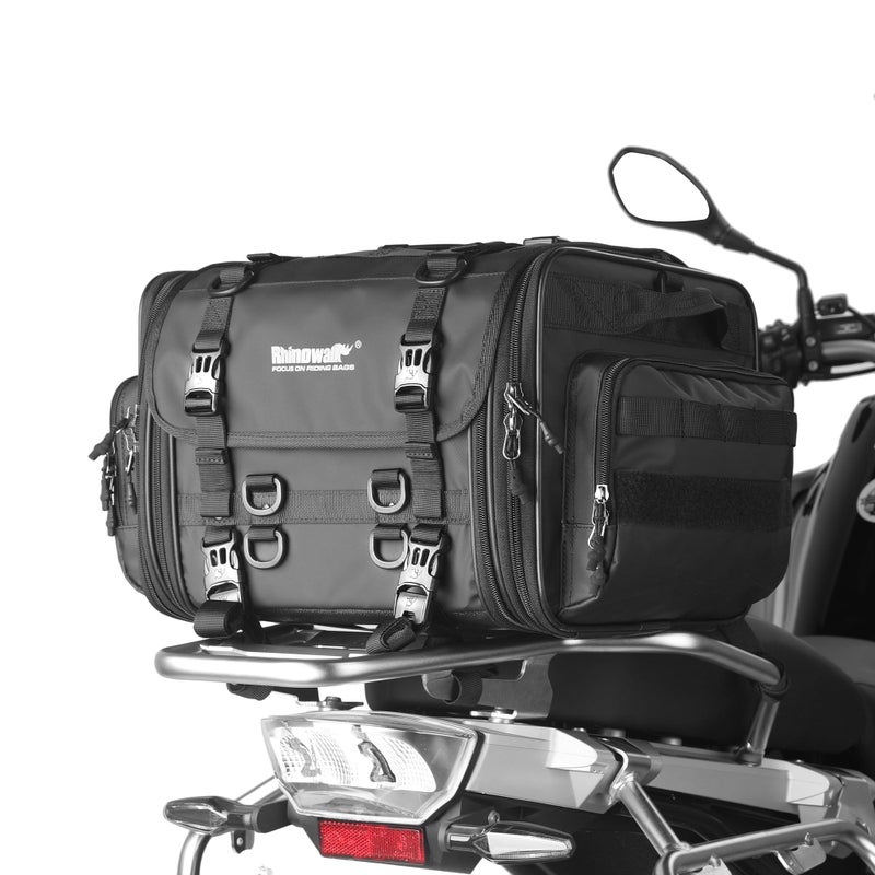 Rhinowalk Motorcycle Tail Bag Expandable Motorcycle Travel Luggage Bags 3345L Waterproof AllWeather Trunk Rack Bag with Sissy Bar Straps Helmet Rain CoverBlack
