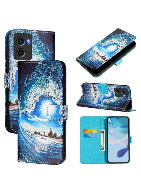 For Motorola Moto G05 Colored Drawing Pattern Plain Weave Leather Phone Case(Waves And Sun)