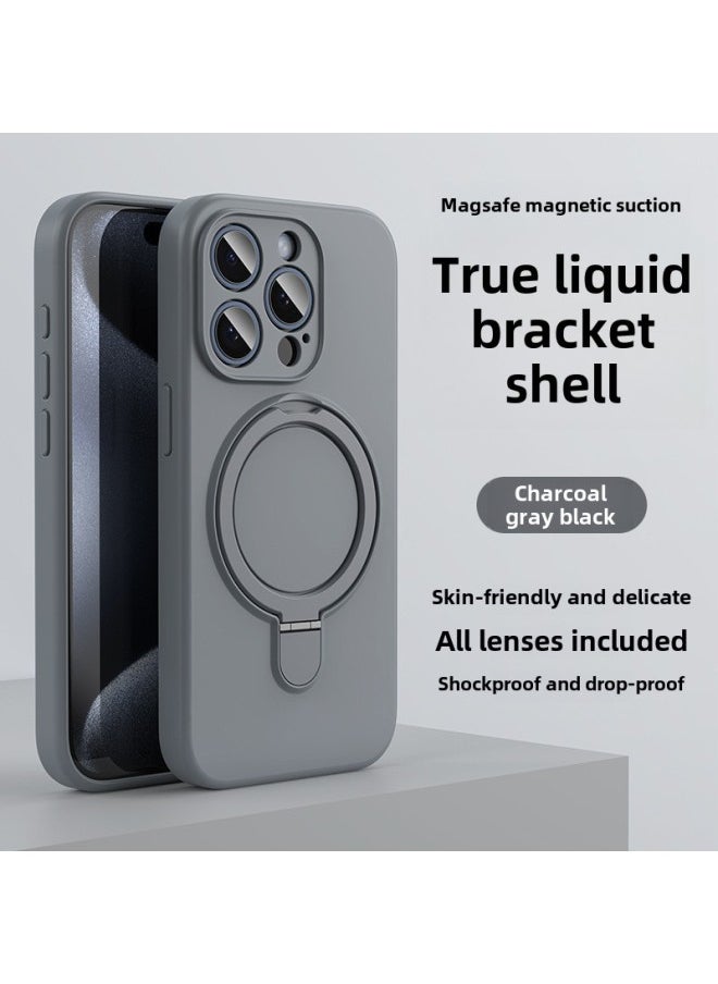 Generic - Apple 16 Mobile Phone Case Magsafe Bracket Magnetic 15promax Liquid Silicone IPhone14 Protective Cover Soft-Color:Charcoal Gray Black Bracket Model With Packaging-Applicable Models:iPhone12 - Image 1