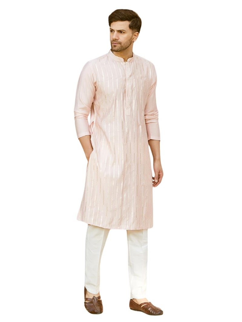 See Designs Men Full Sleeve Pink And Gold Chanderi Silk Sequins Mandarin Collar Side Slit Kurta With Pyjama - SDKT242101M - Image 1