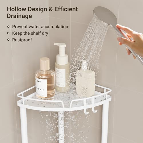 ELYKEN Corner Shower Caddy Standing, 4 Tier Rustproof Metal Shower Organizer with Soap Holder, Floor Shower Corner Shelf Rack Storage Stands with Adjustable Feet & 2 Hooks for Bathroom, White - Image 5
