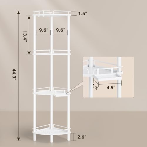 ELYKEN Corner Shower Caddy Standing, 4 Tier Rustproof Metal Shower Organizer with Soap Holder, Floor Shower Corner Shelf Rack Storage Stands with Adjustable Feet & 2 Hooks for Bathroom, White - Image 2
