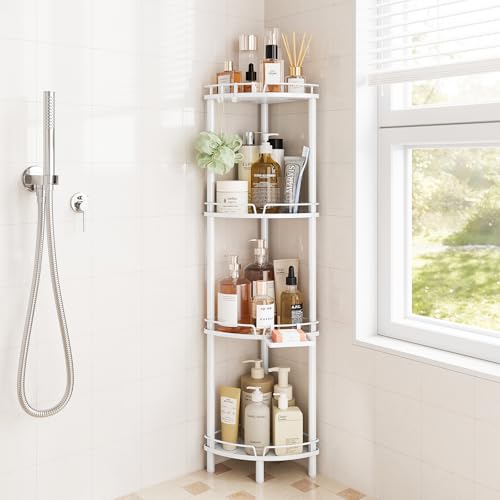 ELYKEN Corner Shower Caddy Standing, 4 Tier Rustproof Metal Shower Organizer with Soap Holder, Floor Shower Corner Shelf Rack Storage Stands with Adjustable Feet & 2 Hooks for Bathroom, White - Image 1