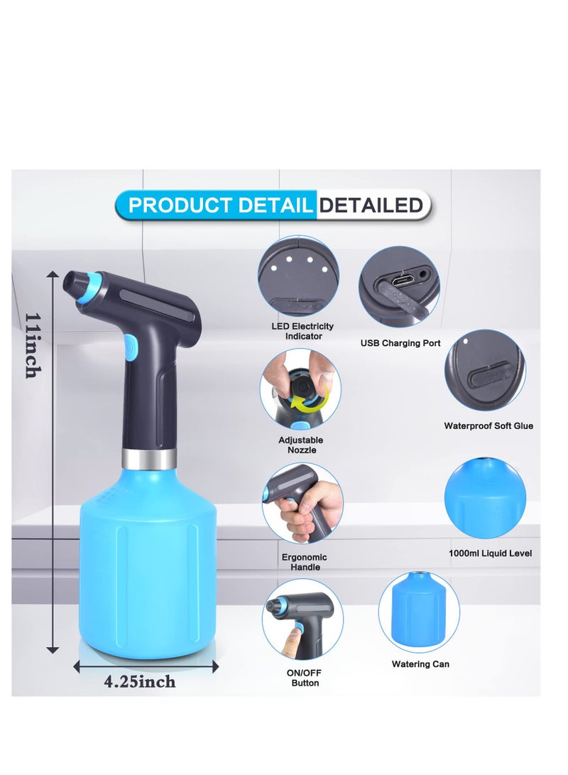 SYOSI Electric Spray Bottle Watering Can for Indoor Outdoor Plants, Automatic Mister Garden Sprayer with Adjustable Spout, Atomizer Water Can for Hair, House Flower, Home Cleaning (1L Blue) - Image 5