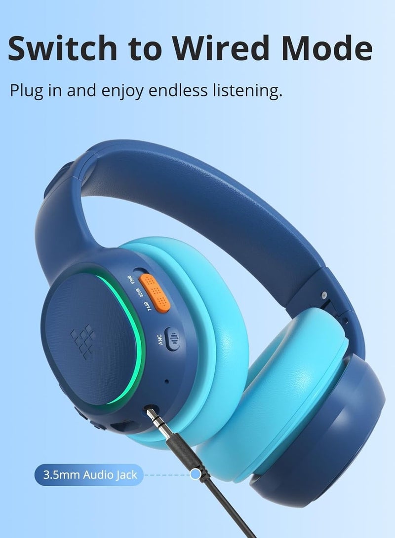 Tronsmart KH03 Kids Noise Cancelling Bluetooth Headphones, Safe Volume Control, Wireless Headphones with Light & Microphone, 70H Playtime, Built-in Audio Cable, for School/Travel/Airplane(Blue) - Image 3