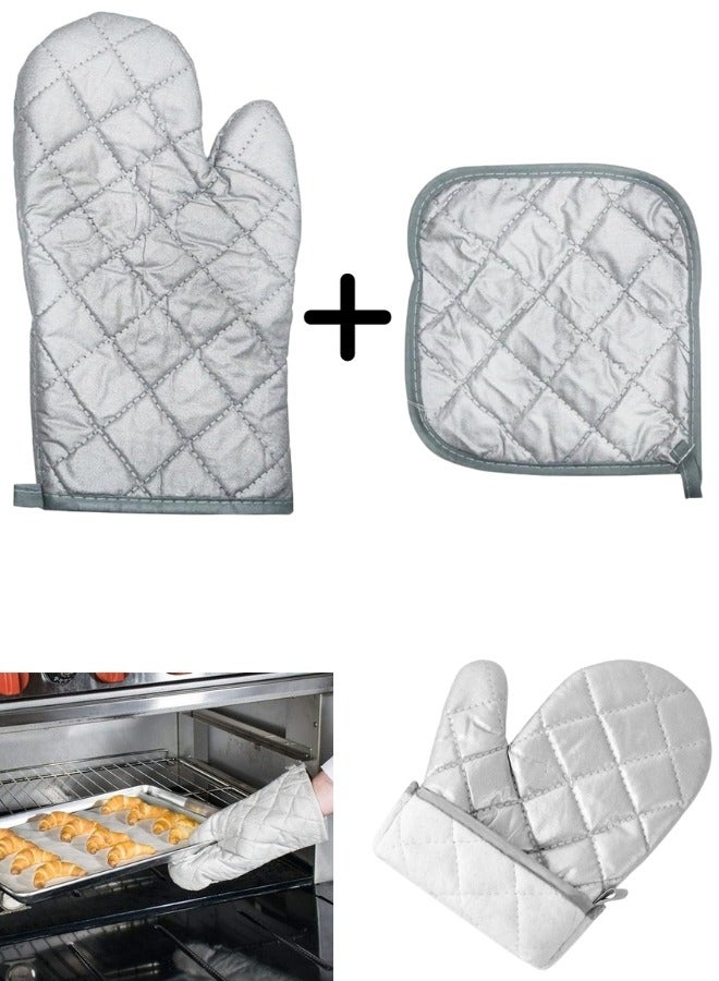 طقم قفاز فرن وحامل أواني حراري مقاوم للحرارة – قفاز مطبخ مبطن بعزل قوي مع قاعدة مسك مربعة – حماية كاملة لليدين من الحرارة العالية – مناسب للفرن، الشواية، الصواني الساخنة وأواني الطهي – خامات متينة وآمنة للاستخدام اليومي – لون فضي - Image 1