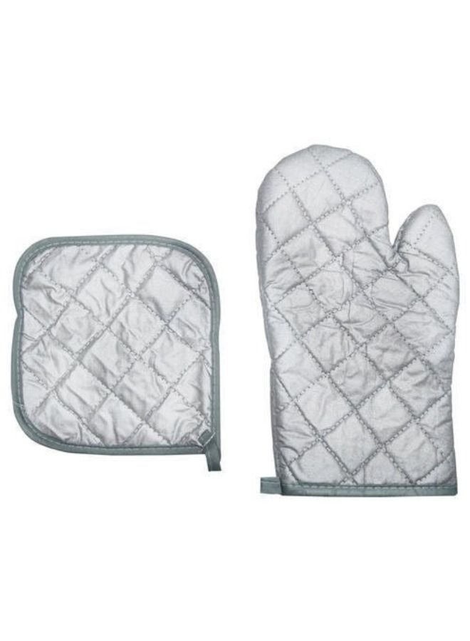 طقم قفاز فرن وحامل أواني حراري مقاوم للحرارة – قفاز مطبخ مبطن بعزل قوي مع قاعدة مسك مربعة – حماية كاملة لليدين من الحرارة العالية – مناسب للفرن، الشواية، الصواني الساخنة وأواني الطهي – خامات متينة وآمنة للاستخدام اليومي – لون فضي - Image 2