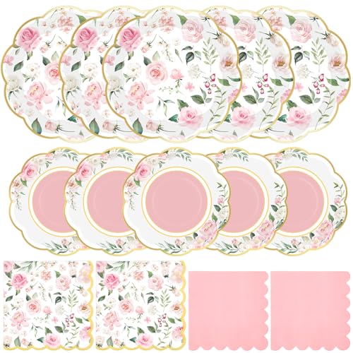 Funnymoom 200 Pcs Wild Floral Party Supplies Pink Flower Disposable Paper Dinner Dessert Plates Luncheon Napkins Beverage Napkins for Wedding Birthday Baby Shower Bridal Tea Party Serves 50 Guests - Image 1